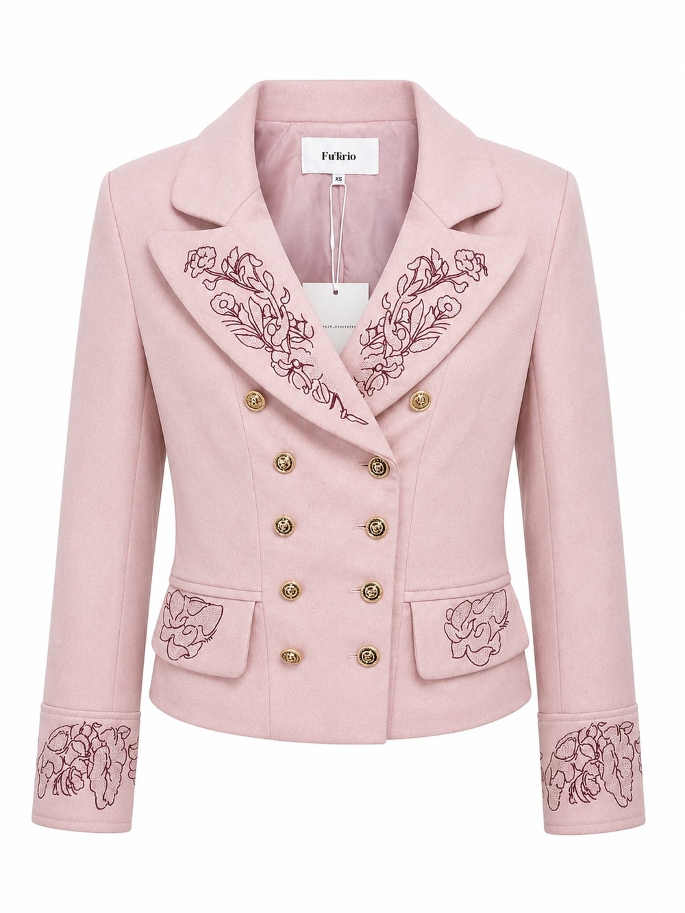 Futario Women's Double-Breasted Embroidered Pink Blazer Jacket